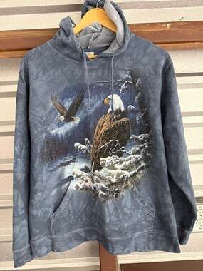 Delta Fleece Bald Eagle Winter Snow Graphic Hoodie Blue Tie-Dye Size Large